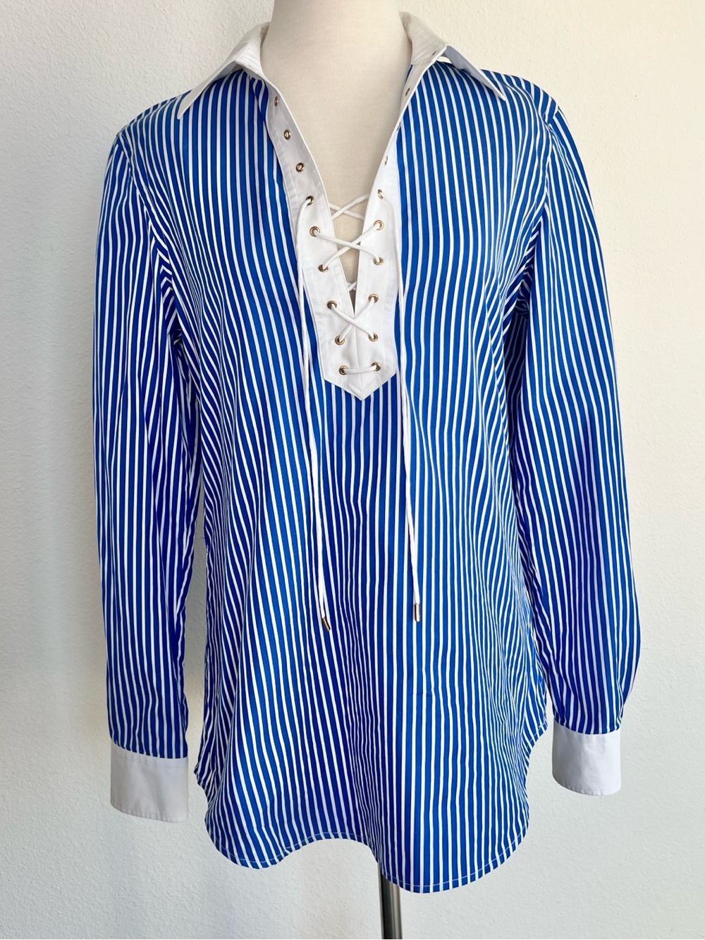 Lauren Ralph Lauren Shirt Blue White Striped Lace Up 100% Cotton Women's Medium